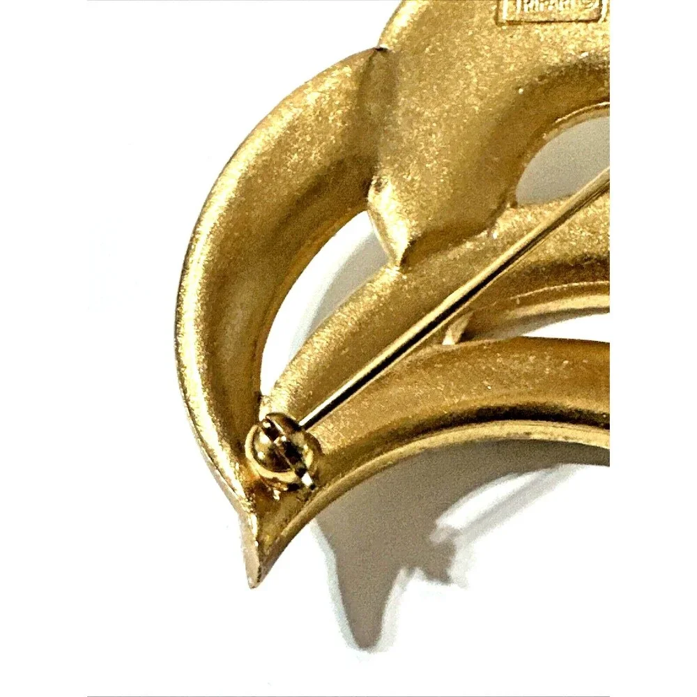 Vintage CROWN TRIFARI White Enamel Wave Brooch Crescent MCM Pin 2.25